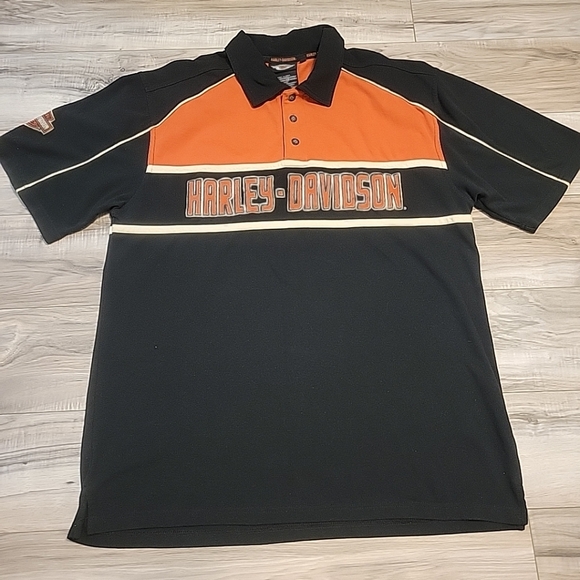 Harley Davidson Shirt Mens Large Orange Black Embroidered Double Sided - Picture 3 of 12